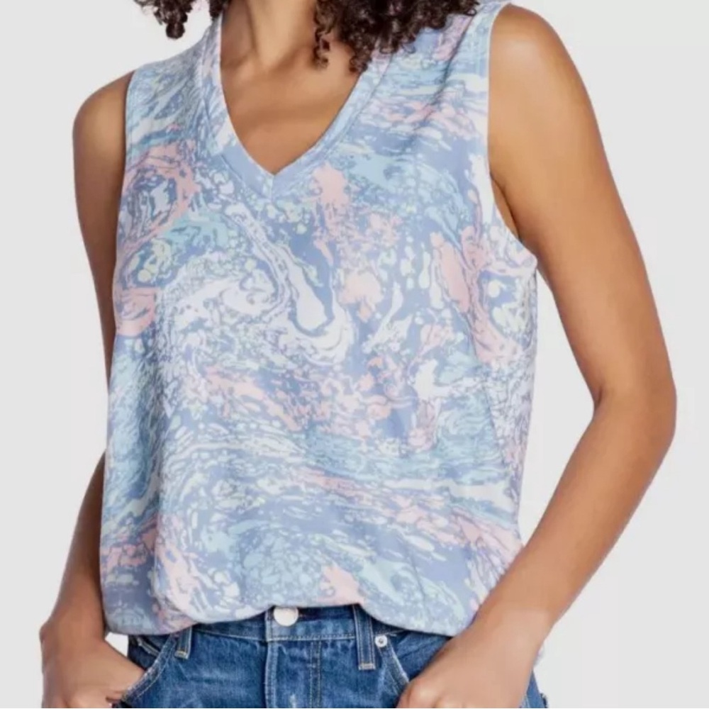 PJ Salvage Women Blue Pink Marble Print V Neck Stretch Tank‎ Top Size Medium NWT